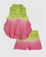 River Island Girls Shirt & Shorts Set Green Tie Dye Style 2 Piece Collar Outfit