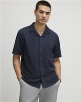 River Island Mens Shirt Navy Regular Fit Texture Revere Collar Short Sleeve Top