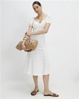 River Island Womens Midi Dress White Broderie V-Neck Short Puff Sleeve