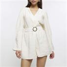 River Island Womens Playsuit Cream Belted Long Sleeve Belted V-Neck Outfit - 6 Regular