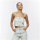 River Island Womens Bandeau Top Blue Denim Diamante Sleeveless Belt Loops Zip - 14 Regular