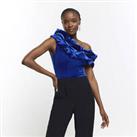 River Island Womens Asymmetric Top Blue Velvet Ruched Sleeveless Off Shoulder - 8 Regular