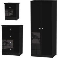 Ready Assembled Tedesca Wardrobe, Chest of Drawers and Bedside Cabinet Set - Black, Black