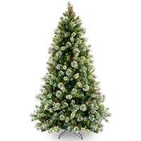 7.5' Wintry Pine Tree Hinged Christmas Tree With Cones, Red Berries & Snowflakes, Green