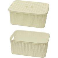 JVL Knit Design Loop Plastic Lidded Rectangular Storage Basket with Handles Ivory 20 x 28.5 x 12.5 cm 6 Litres, Cream
