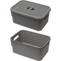 JVL Knit Design Loop Plastic Lidded Rectangular Storage Basket with Handles Grey 20 x 28.5 x 12.5 cm 6 Litres, Grey