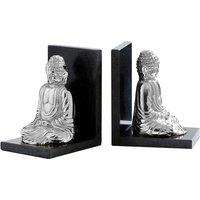 Premier Housewares Buddha Set of 2 Bookends in Silver Nickel Finish with Black Marble Bases, Silver
