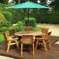 Charles Taylor 6 Seater Round Table Set with Green Cushions, Storage Bag, Parasol and Base, Brown