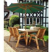 Charles Taylor 6 Seater Bench Table Set with Green Cushions, Storage Bag, Parasol and Base, Brown