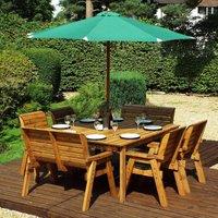Charles Taylor 8 Seater Chair and Bench Square Table Set with Green Cushions, Storage Bag, Parasol and Base, Brown