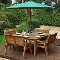 Charles Taylor 8 Seater Bench Square Table Set with Green Cushions, Storage Bag, Parasol and Base, Brown
