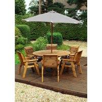 Charles Taylor Six Seater Circular Table Set with Grey Seat Cushions, Parasol and Base, Brown