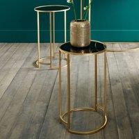 Antique Gold Metal & Black Glass Set of 2 Nesting Round Tables, Gold