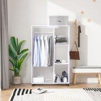 HOMCOM Rolling Open Wardrobe With Hanging Rail And Storage Shelves White, White