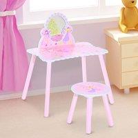 HOMCOM Girls Kids 2 Piece Pink Dressing Table Set Make Up Play Set With Mirror And Chair Wooden, Pink