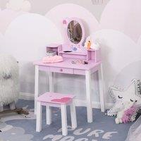 HOMCOM 2 Piece Kids Wooden Dressing Table and Stool Make Up Desk Pink, Pink