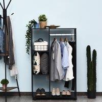 HOMCOM Rolling Open Wardrobe With Hanging Rail And Clothes Storage Black, Black