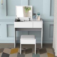 HOMCOM 2pc Dressing Table Set w/ Padded Stool/Flip Up Mirror, White