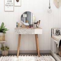 HOMCOM Wooden Compact Dressing Table With Leaf Print Drawer And Mirror White And Natural, White