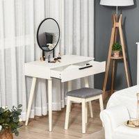 HOMCOM Contemporary Two Piece Dressing Table Set With Stool And Round Mirror White, White