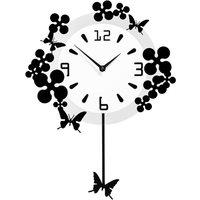 Premier Housewares Flower/Butterflies Design Pendulum Wall Clock - Black/White, Black