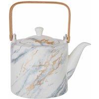 Premier Housewares Marble Effect Tea Pot, White, Bamboo Handle, White