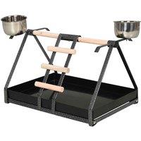 PawHut Portable Bird Stand w/ Stainless Steel Base, Wood Perch, Ladder and Bowls - Black, Black