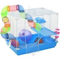 PawHut Small Hamster Carrier Cage w/ Exercise Wheels, Tunnel and Tube - Blue, Blue