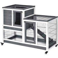 PawHut Wooden Indoor Elevated Rabbit Hutch w/ Enclosed Run and Wheel - Grey, Grey