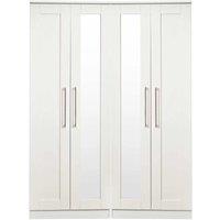 Welcome Furniture Ready Assembled York Tall 4 Door Mirror Wardrobe White Ash, White