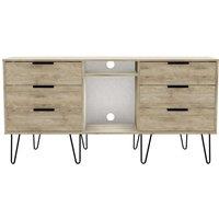 Ready Assembled Hirato 6 Drawer TV Unit Nebraska Oak Black Metal Hairpin Legs