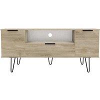 Ready Assembled Hirato Wide TV Unit Nebraska Oak Black Metal Hairpin Legs
