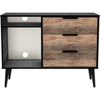 Ready Assembled Hirato 3 Drawer TV Unit Vintage Oak Black Wood Legs