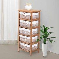 HOMCOM Wicker 5 Drawer Unit Storage Baskets Cabinet Wooden Chest