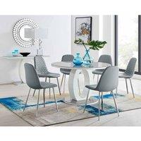 Furniture Box Giovani Grey White High Gloss And Glass Large Round Dining Table And 6 x Elephant Grey Corona Silver Chairs Set, Grey