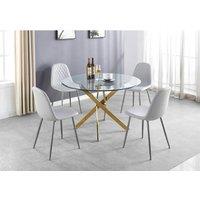 Furniture Box Novara Gold Metal Large Round Dining Table And 4 x White Corona Silver Chairs Set