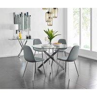 Furniture Box Novara Chrome Metal And Glass Large Round Dining Table And 4 x Elephant Grey Corona Silver Chairs Set