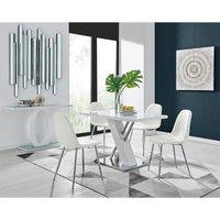 Furniture Box Sorrento 4 Seater White High Gloss And Stainless Steel Dining Table And 4 x White Corona Silver Chairs Set