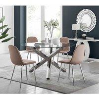 Furniture Box Vogue Large Round Chrome Metal Furniture Box Clear Glass Dining Table And 4 x Cappuccino Grey Corona Silver Dining Chairs Set