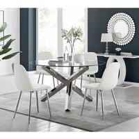 Furniture Box Vogue Large Round Chrome Metal Furniture Box Clear Glass Dining Table And 4 x White Corona Silver Dining Chairs Set