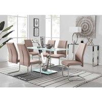 Furniture Box Florini White Glass And Metal V Dining Table And 6 x Cappuccino Grey Lorenzo Dining Chairs Set