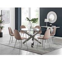 Furniture Box Vogue Large Round Chrome Metal Furniture Box Clear Glass Dining Table And 6 x Cappuccino Grey Corona Silver Dining Chairs Set