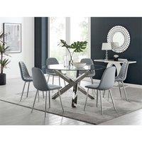 Furniture Box Vogue Large Round Chrome Metal Furniture Box Clear Glass Dining Table And 6 x Elephant Grey Corona Silver Dining Chairs Set