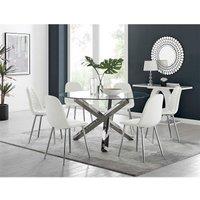 Furniture Box Vogue Large Round Chrome Metal Furniture Box Clear Glass Dining Table And 6 x White Corona Silver Dining Chairs Set