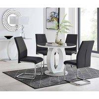 Furniture Box Giovani Grey White High Gloss And Glass 100cm Round Dining Table And 4 x Black Lorenzo Chairs Set, Grey