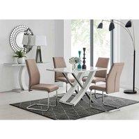 Furniture Box Mayfair 4 Seater White High Gloss And Stainless Steel Dining Table And 4 x Cappuccino Grey Lorenzo Chairs Set, White