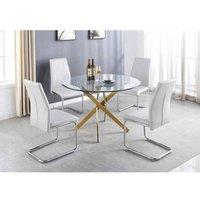 Furniture Box Novara Gold Metal Large Round Dining Table And 4 x White Lorenzo Chairs Set, Orange