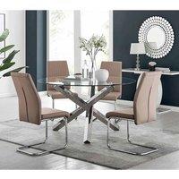 Furniture Box Vogue Large Round Chrome Metal Furniture Box Clear Glass Dining Table And 4 x Cappuccino Grey Lorenzo Dining Chairs Set