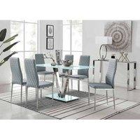 Furniture Box Florini White Glass And Metal V Dining Table And 6 x Grey Milan Dining Chairs Set, White