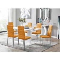 Furniture Box Imperia White High Gloss Dining Table And 6 x Mustard Milan Chairs Set